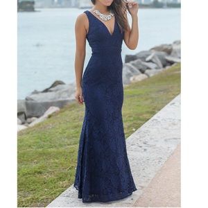 Navy Lace Maxi Dress with Open Back
